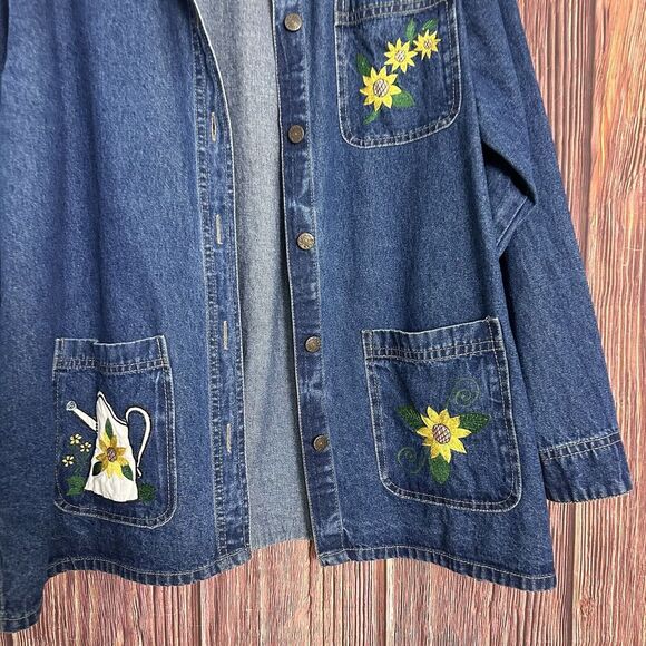 VTG Michelle Louise Denim Jacket Sunflower Embroidery Size Womens XL Vintage 90s - Picture 2 of 7